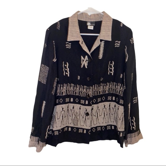 FIRST OPTION Black Beaded Novelty Print Button Up Blouse Vintage 80s 90s - Picture 1 of 6